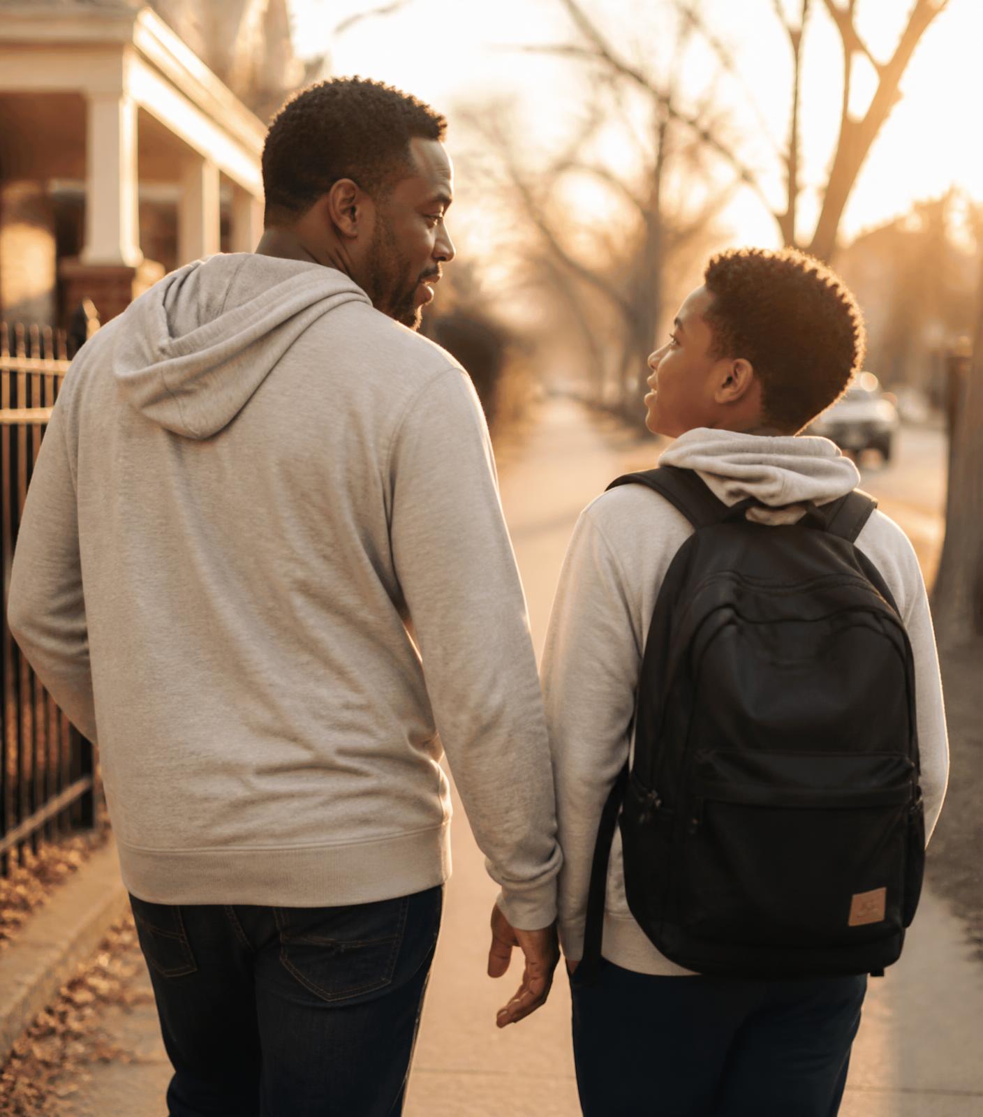 Parent walking with a middle school student at sunset