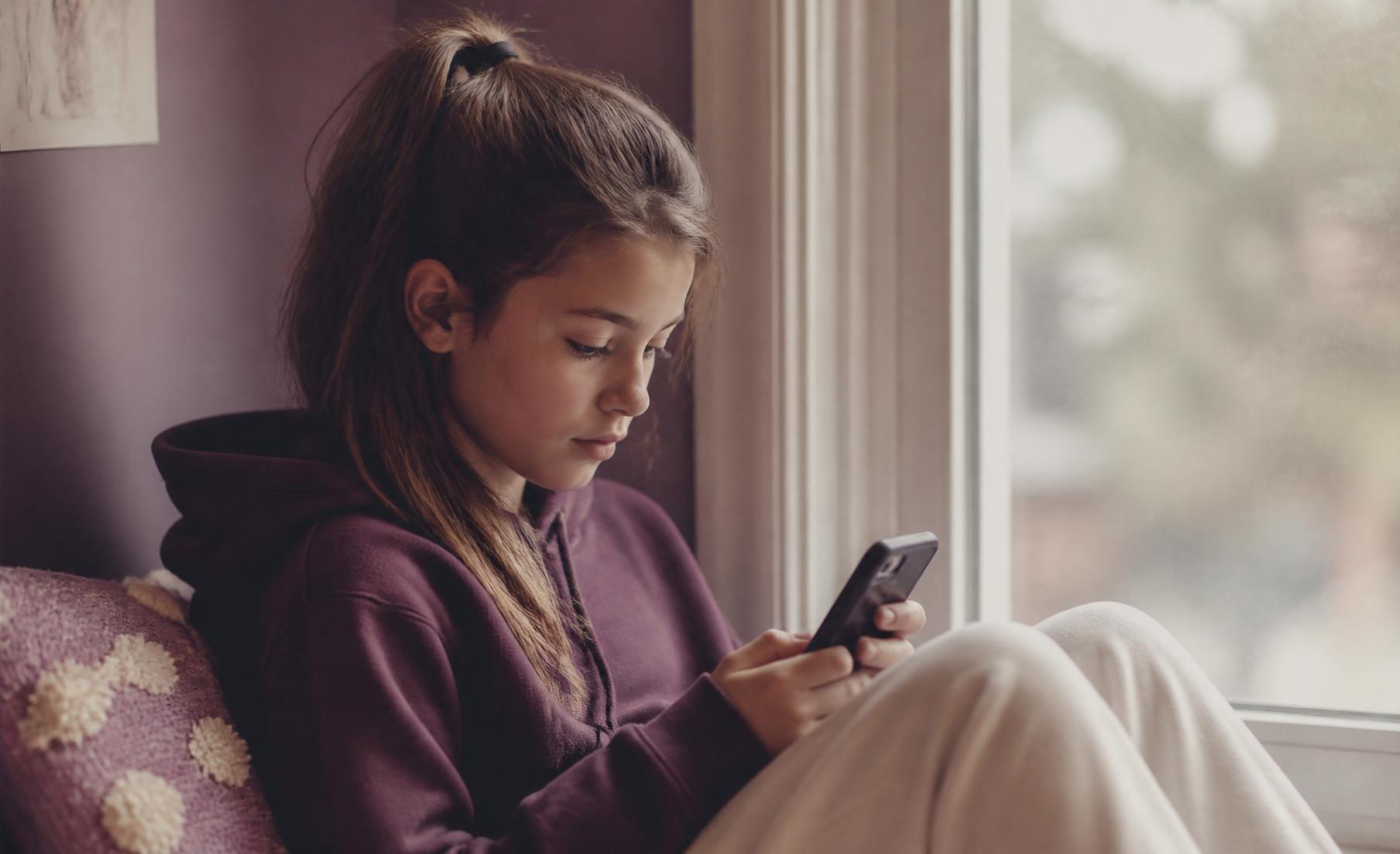 A middle school child sitting quietly by a window