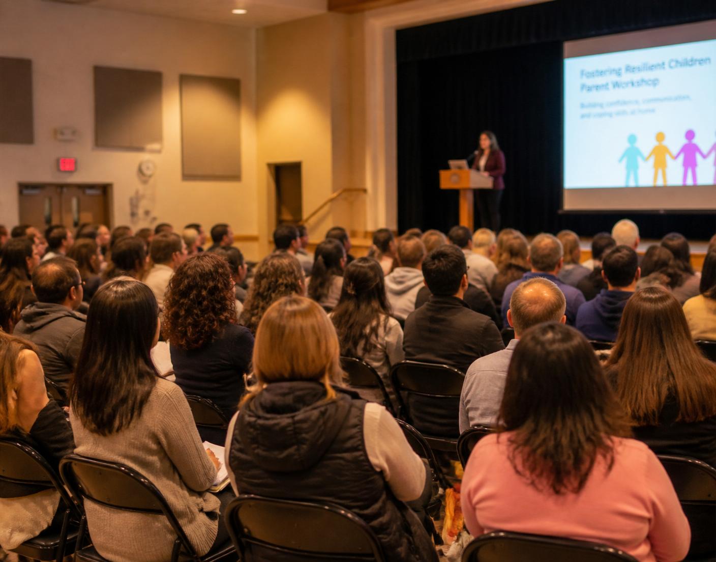 Parents gathered in a school auditorium for a workshop